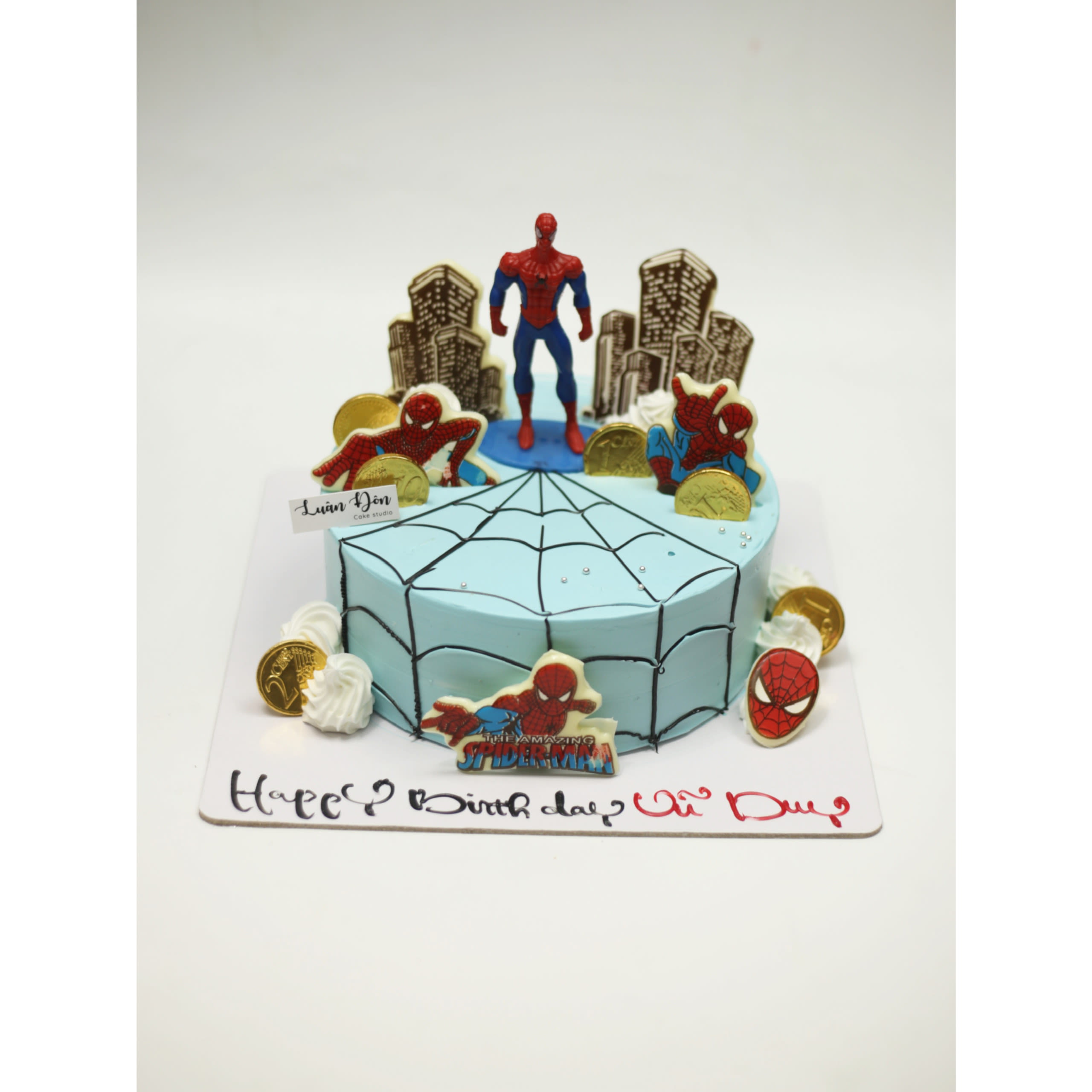 Bánh kem Spider-Man xanh dương họa tiết mạng nhện