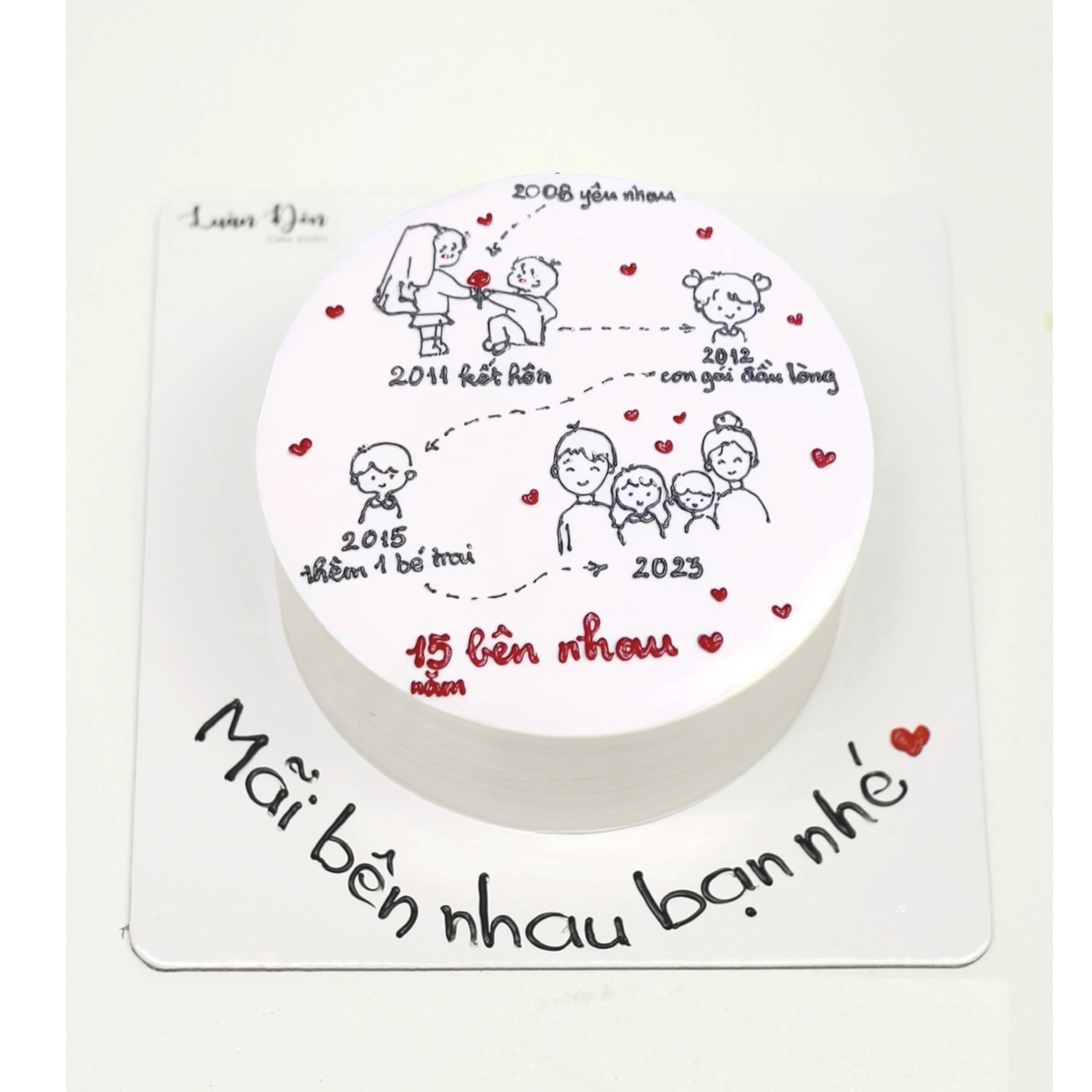 Bánh kem hành trình tình yêu 15 năm vẽ tay
