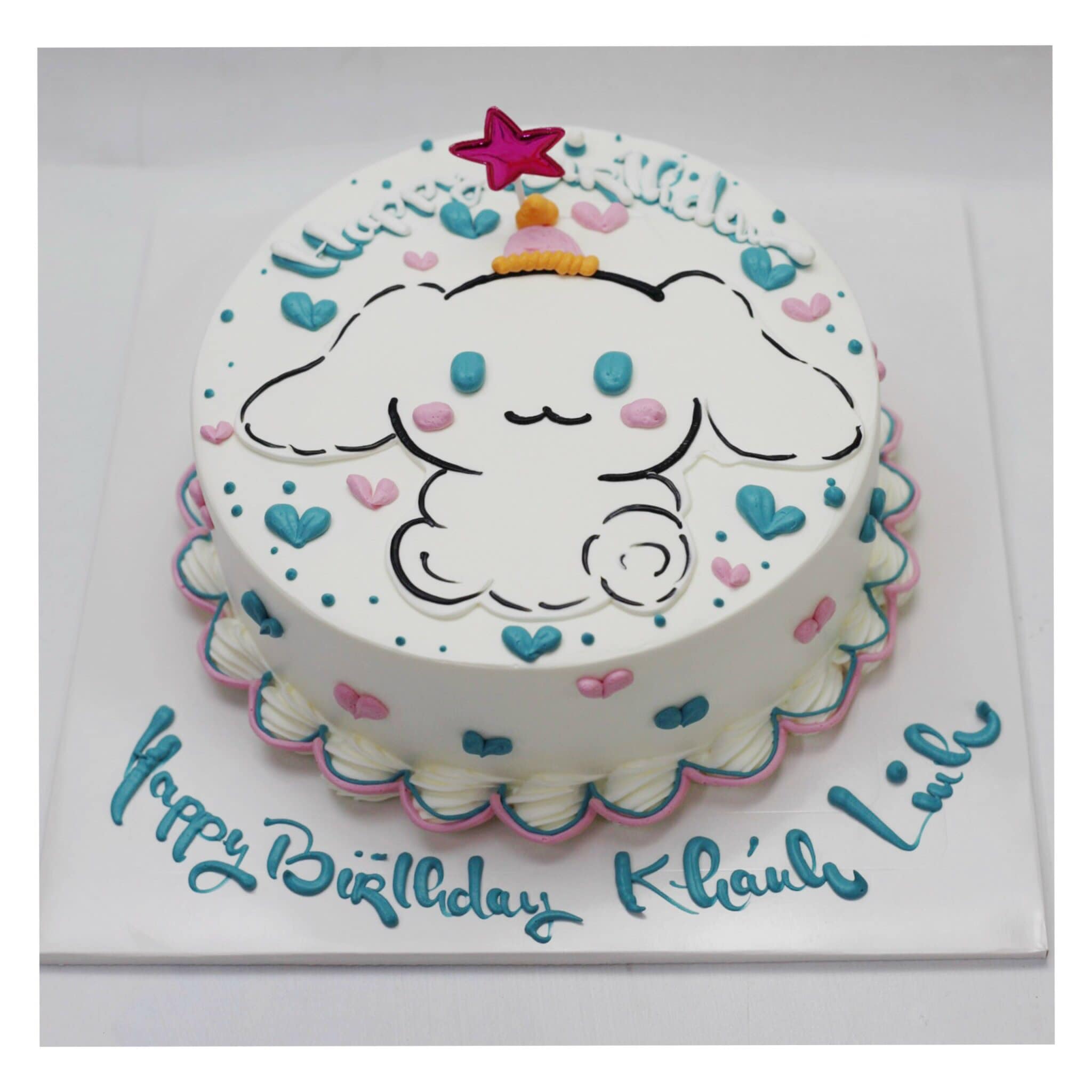 Bánh vẽ Cinnamoroll trái tim xanh hồng