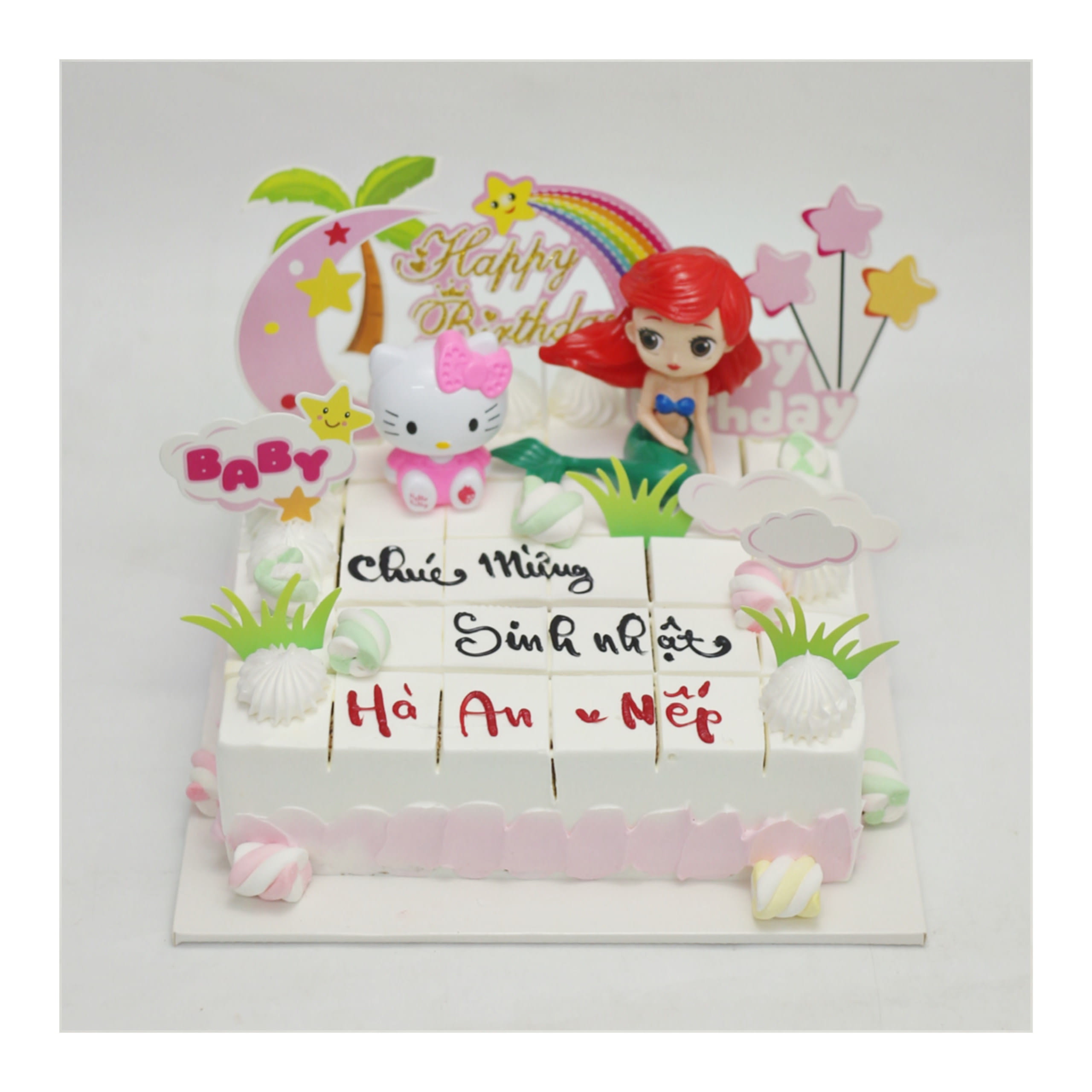 Bánh kem vuông Hello Kitty và Nàng Tiên Cá