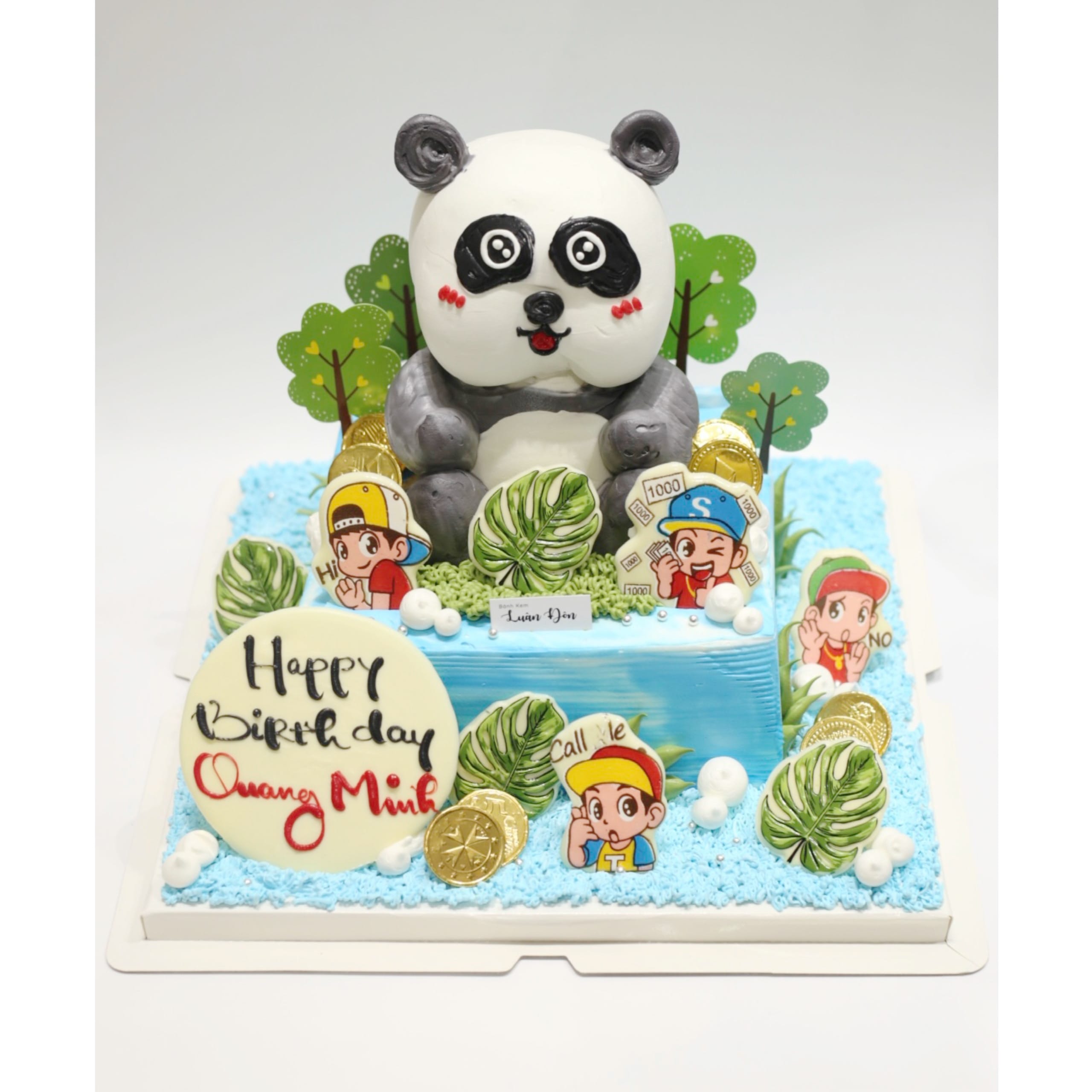 Bánh kem gấu Panda xanh dương trang trí tiền vàng