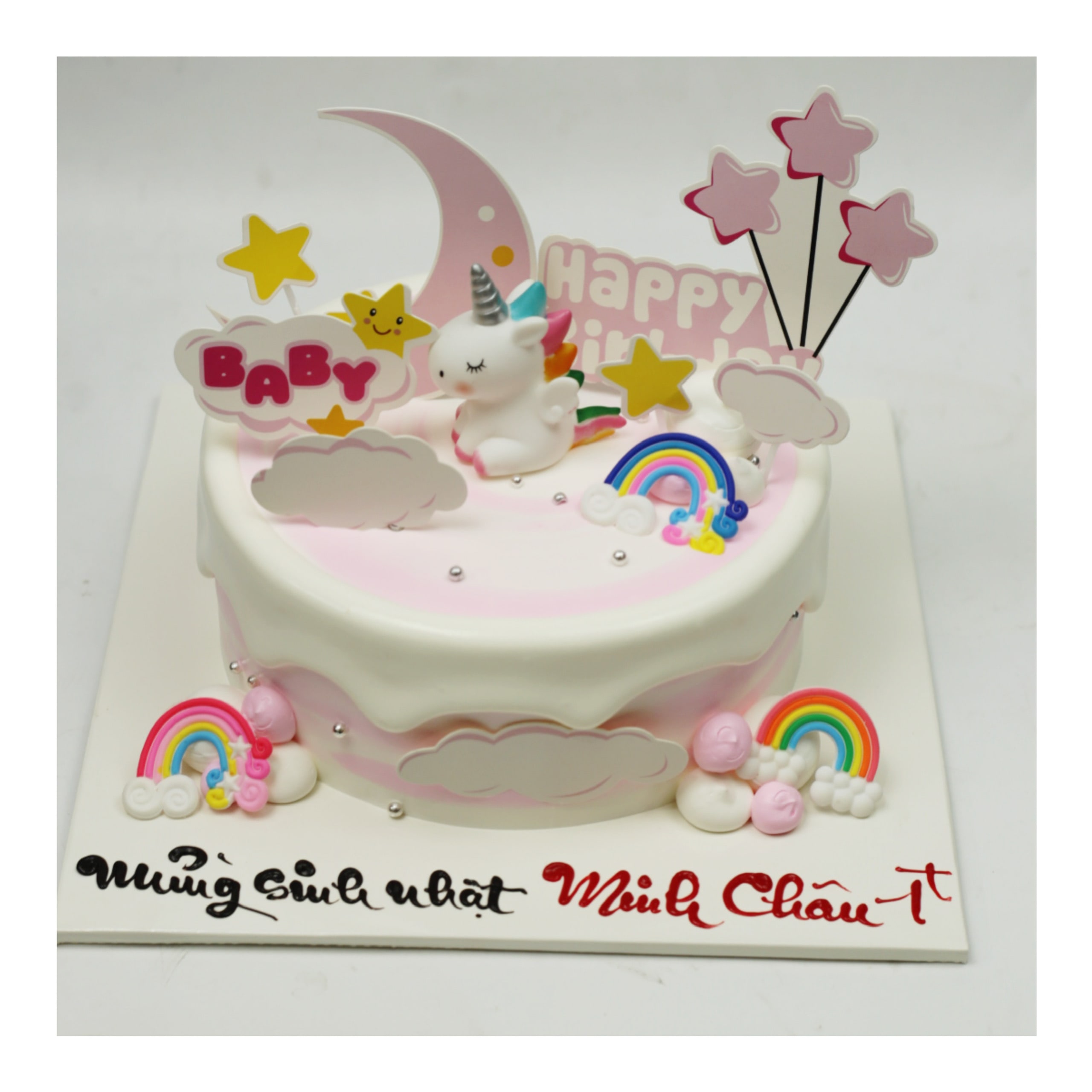Bánh kem unicorn hồng trắng họa tiết cầu vồng