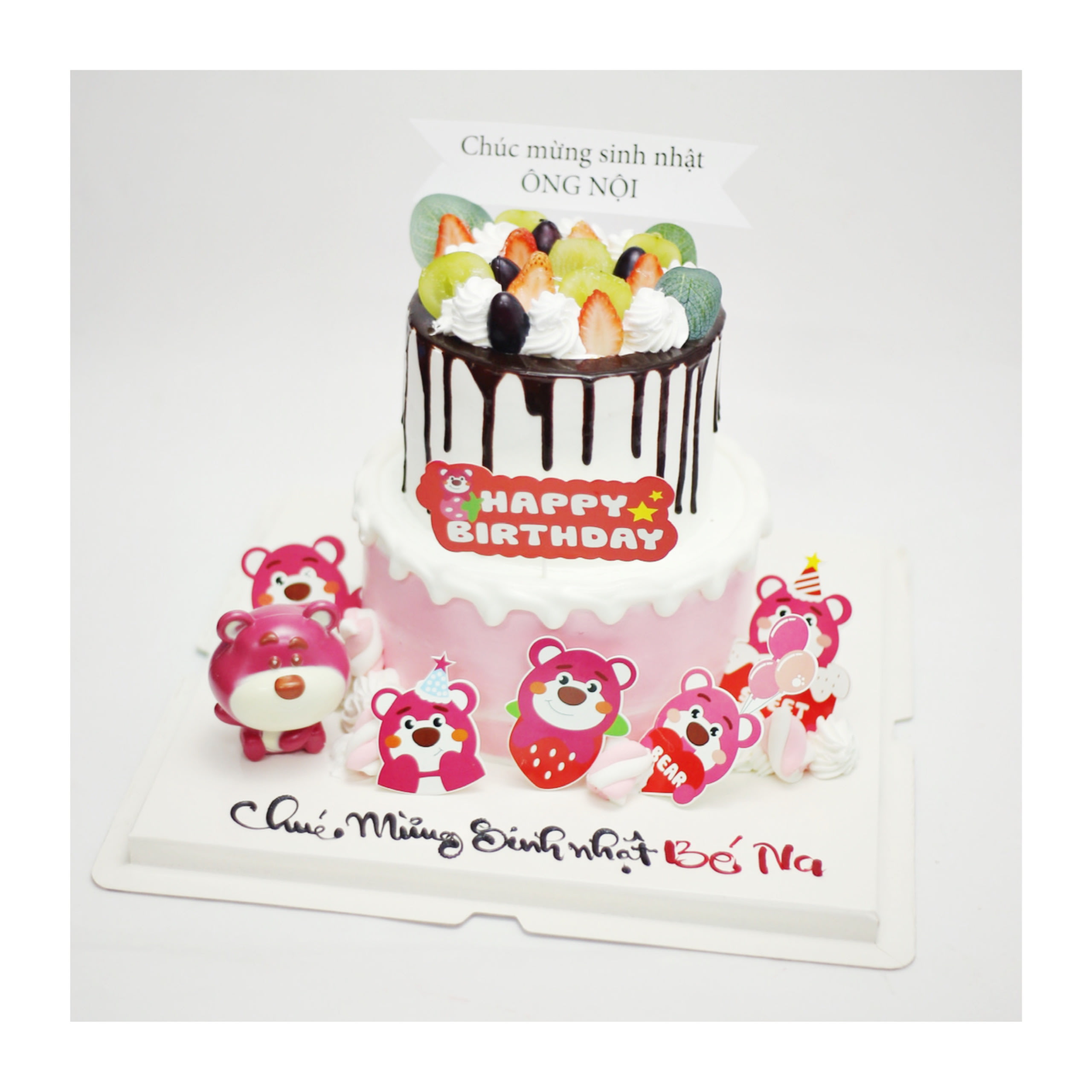 Bánh kem hai tầng trang trí gấu dâu Lotso