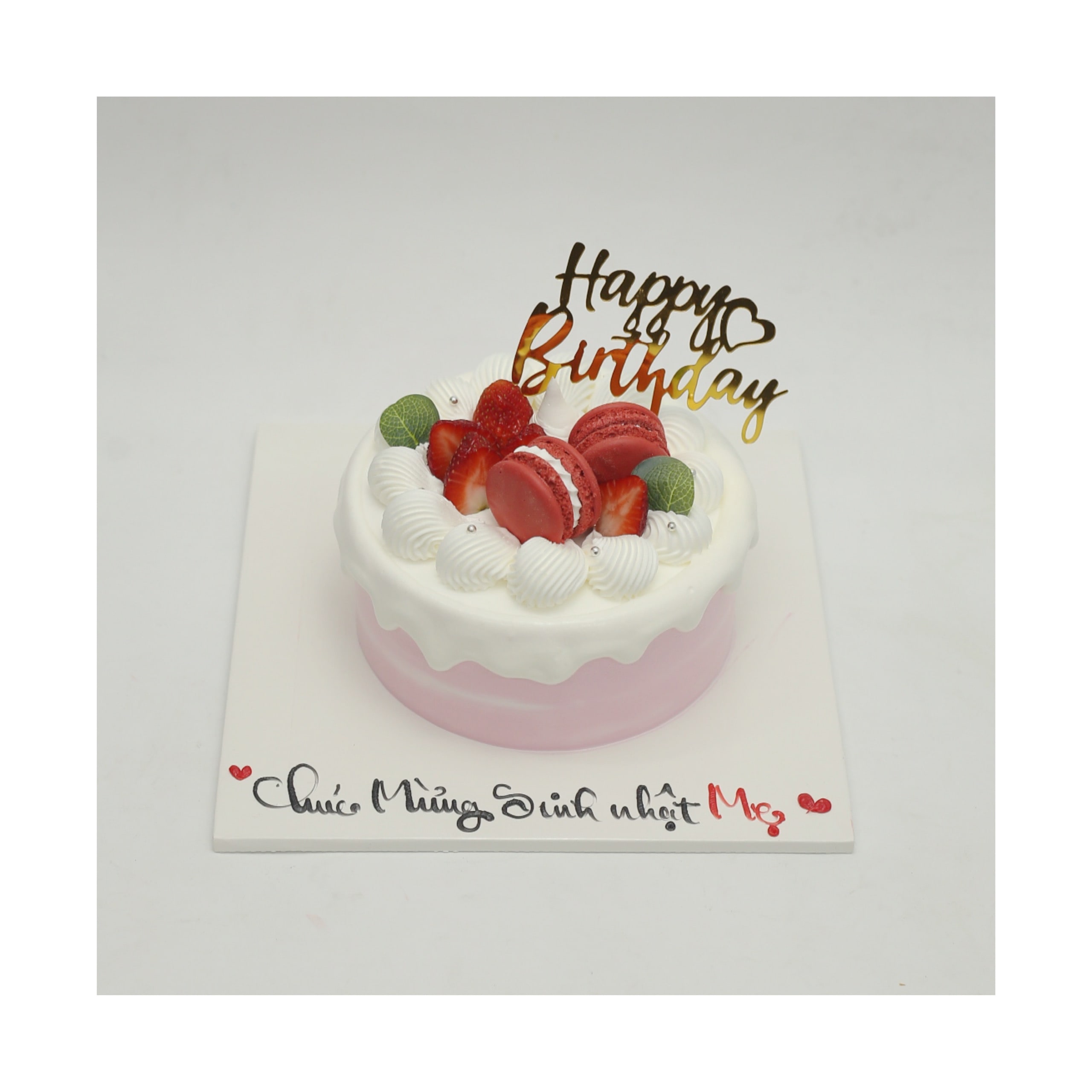 Bánh kem dâu tây macaron hồng dịu dàng