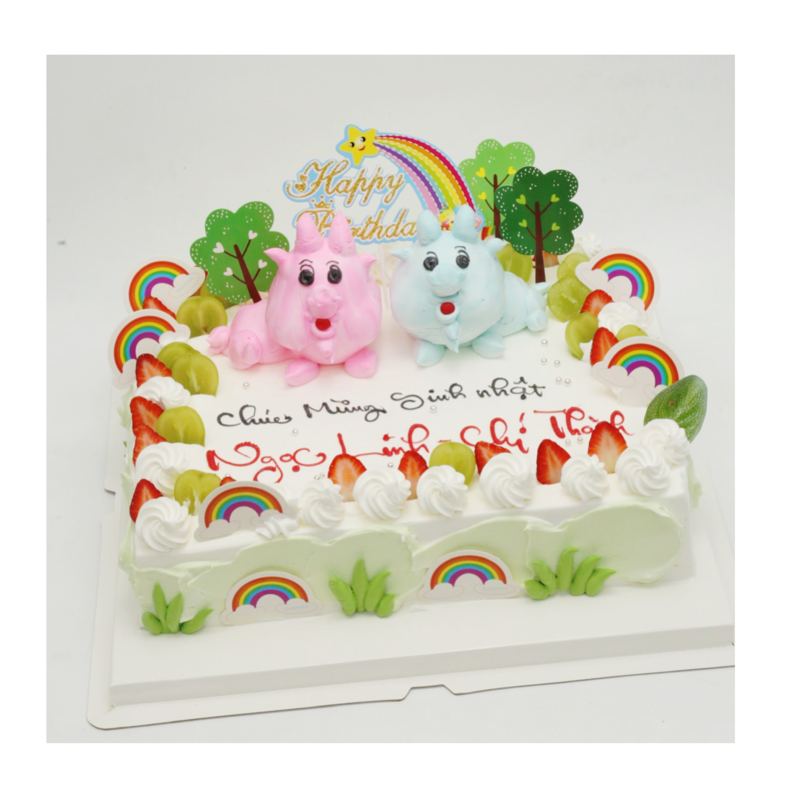 Bánh kem hình chữ nhật trang trí hai chú dê