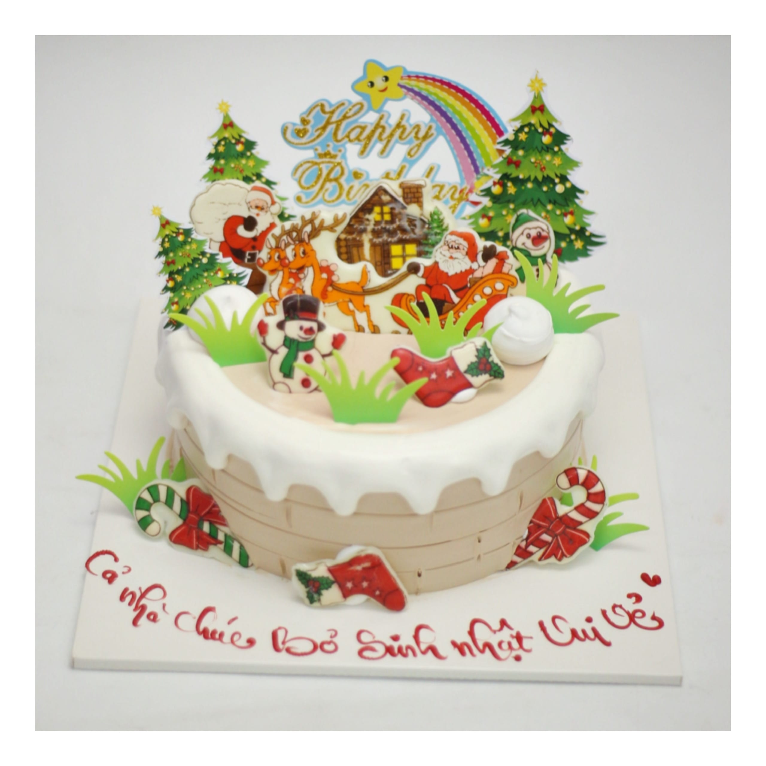 Bánh kem chủ đề Giáng sinh Happy Birthday ấm áp
