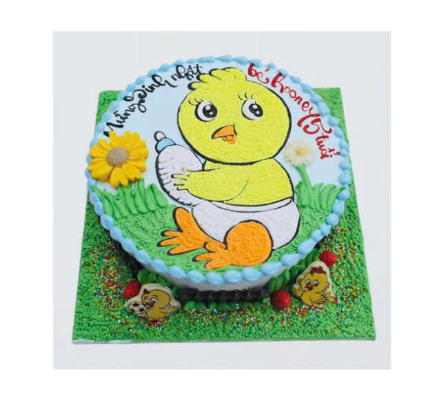 Bánh kem bé gà cầm bình sữa dễ thương