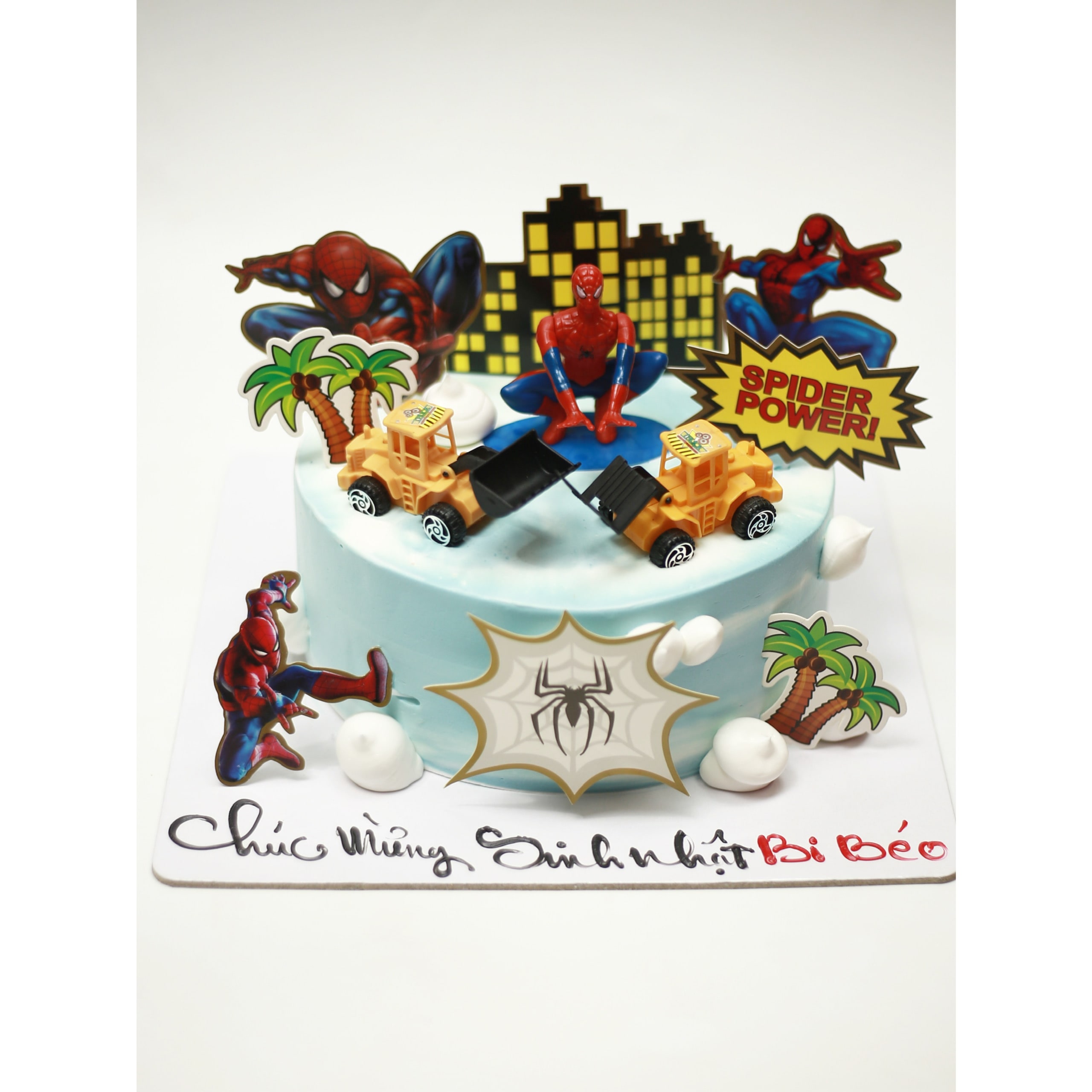 Bánh kem chủ đề Spider-Man và máy xúc