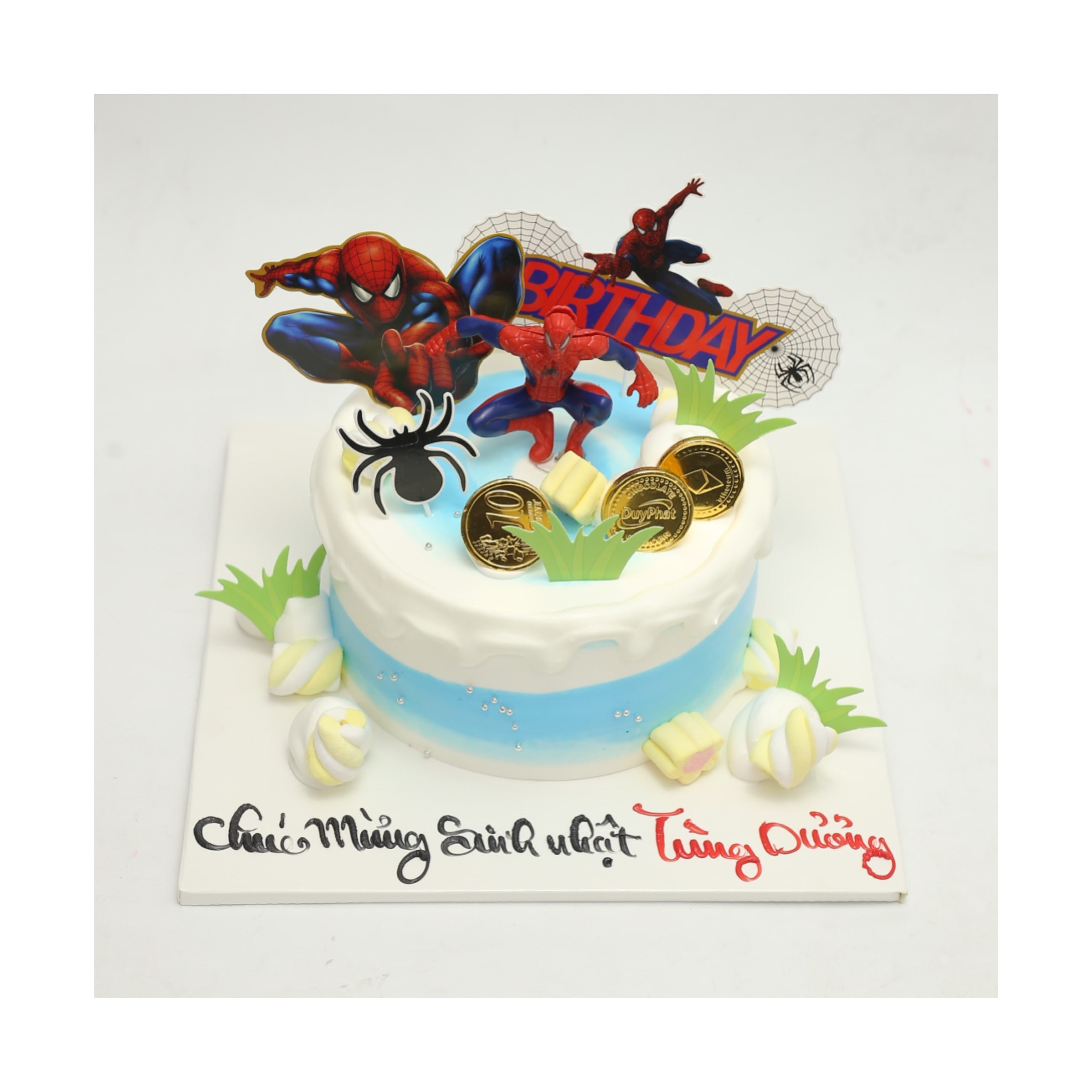 Bánh kem xanh trắng chủ đề Spider-Man và đồng tiền vàng