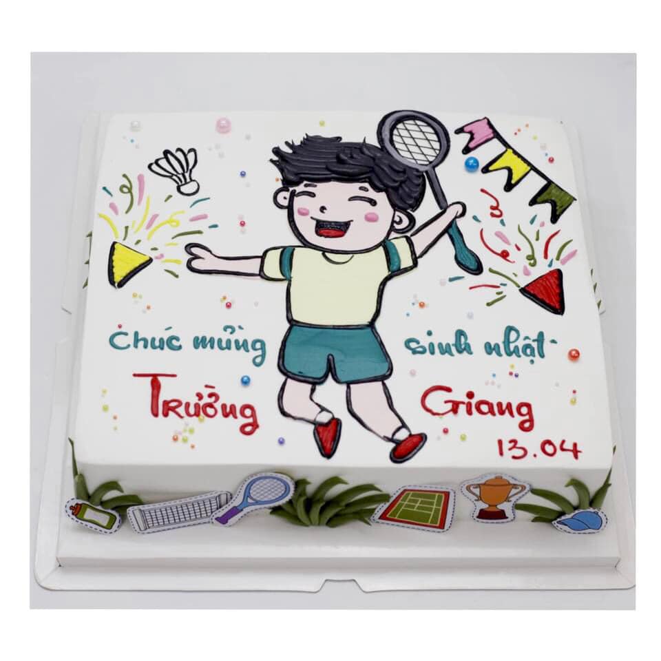 Bánh kem vẽ hình bé trai chơi cầu lông