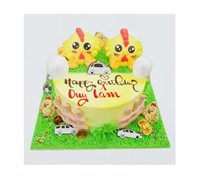 Bánh kem đôi gà con và xe hơi