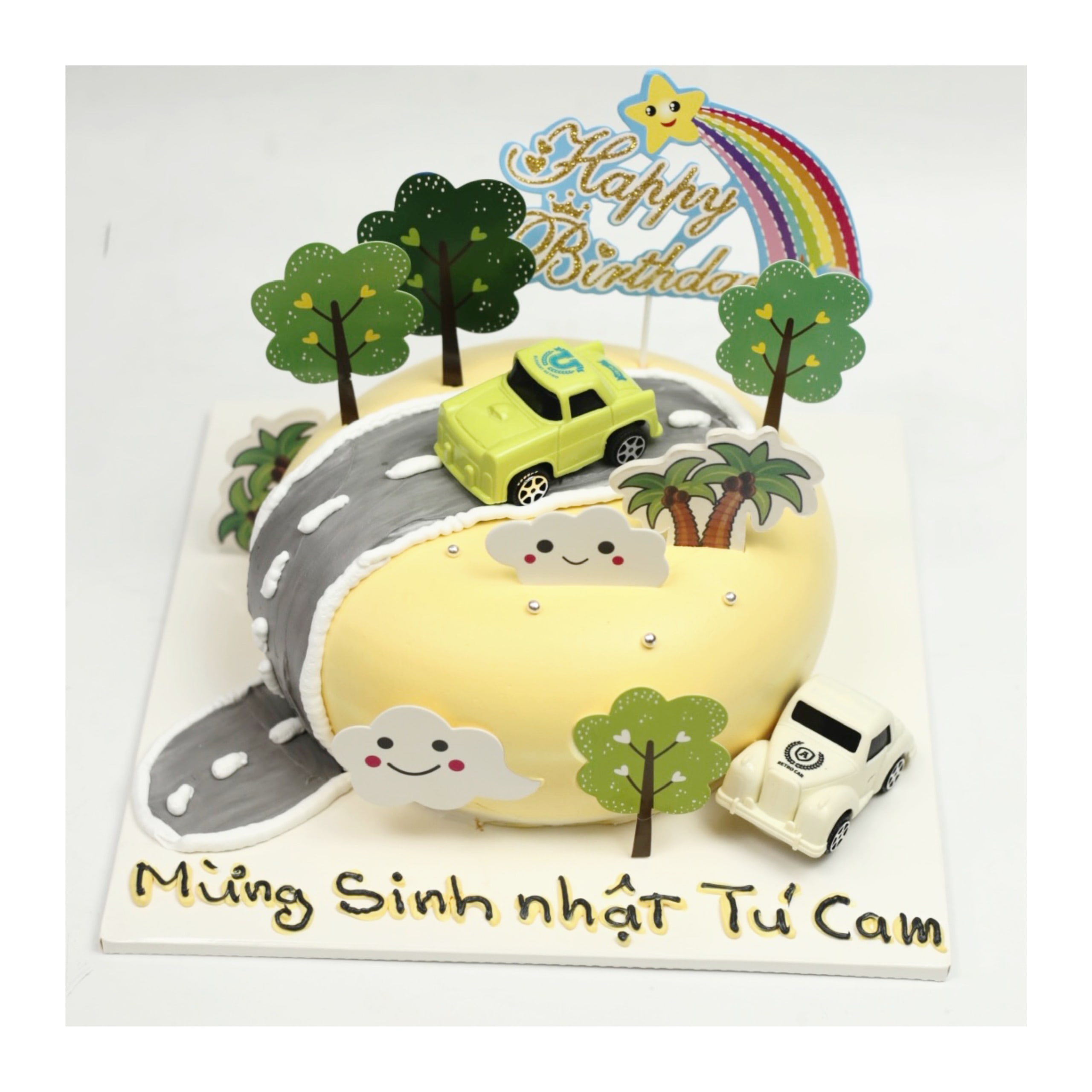 Bánh kem chủ đề giao thông xe hơi màu vàng
