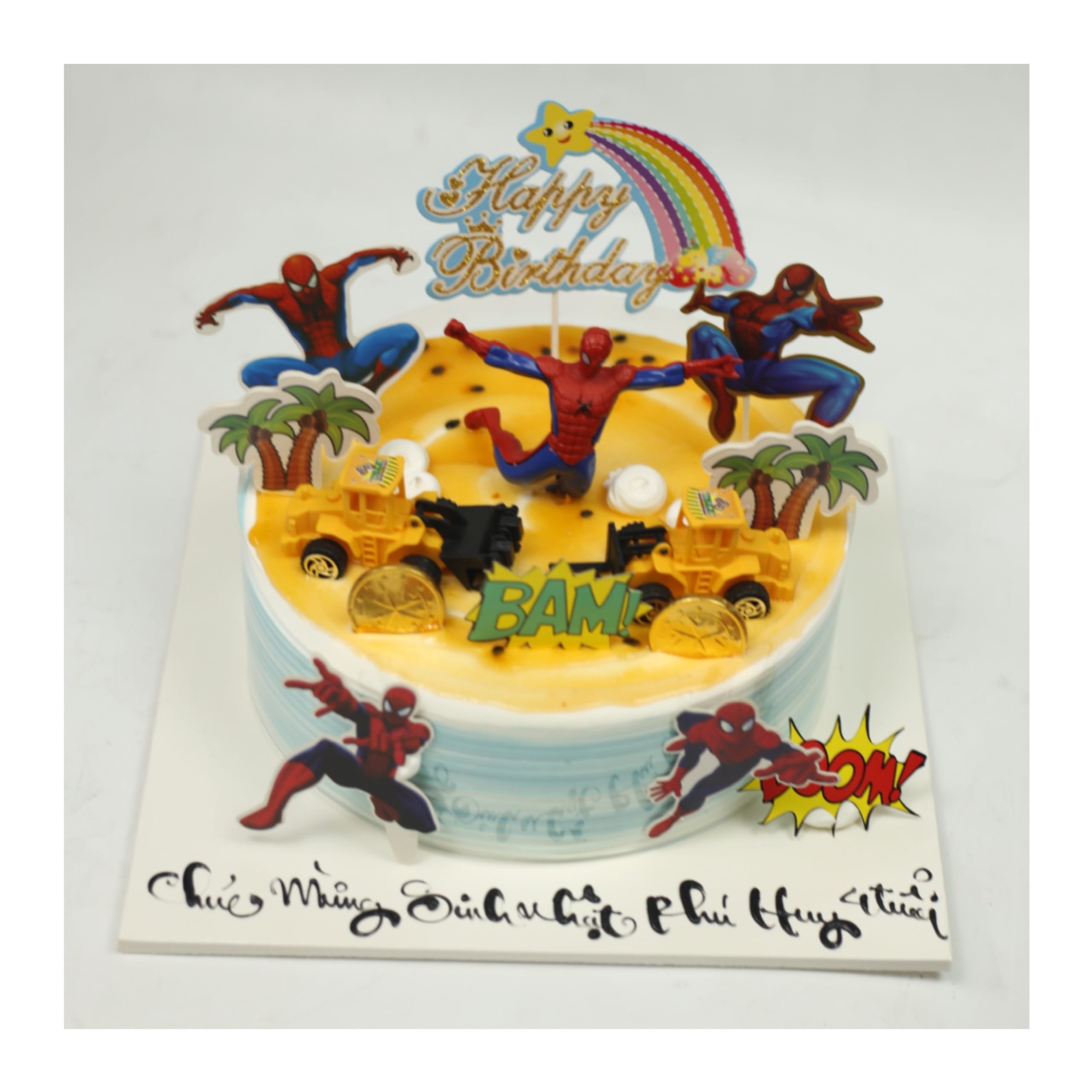Bánh kem Spider-Man vàng cùng máy xúc