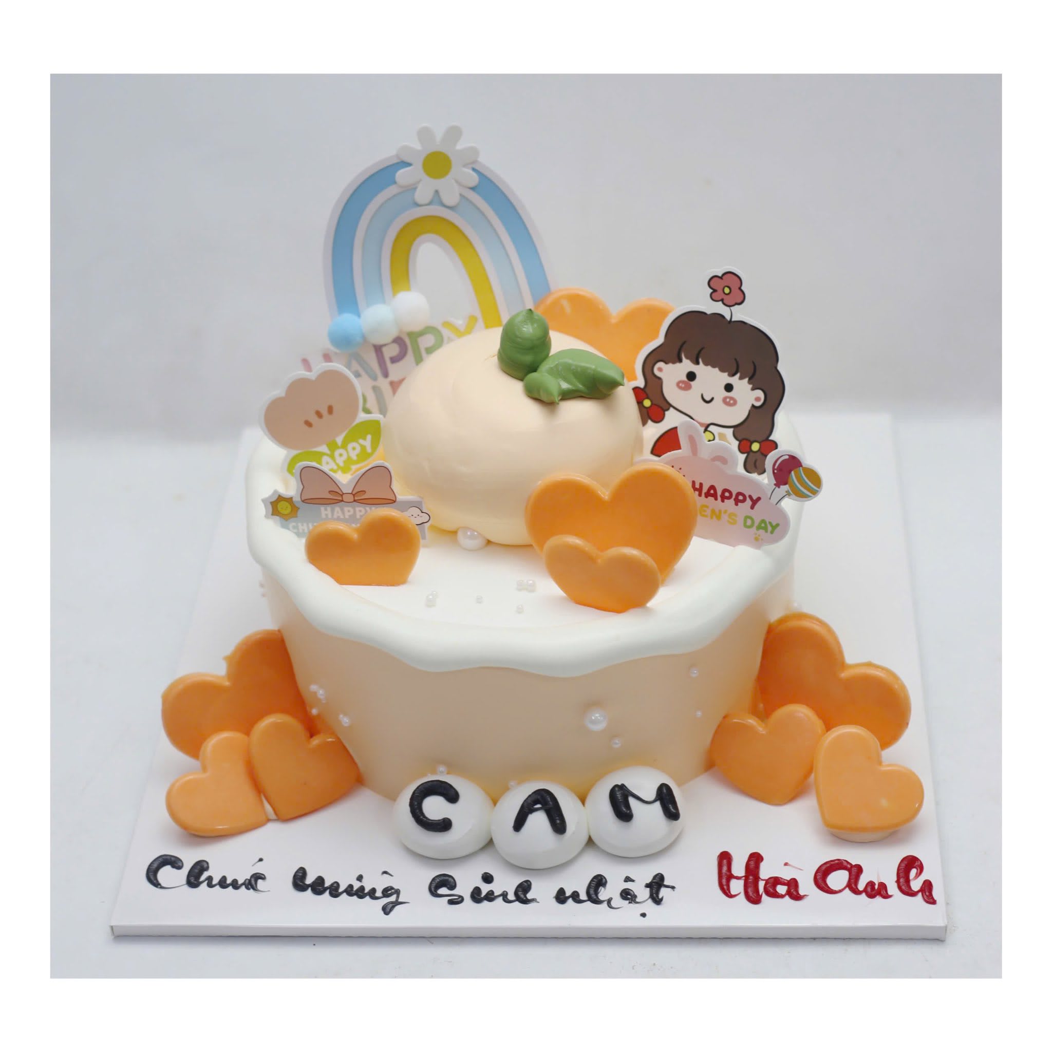 Bánh kem Cam trang trí cầu vồng trái tim