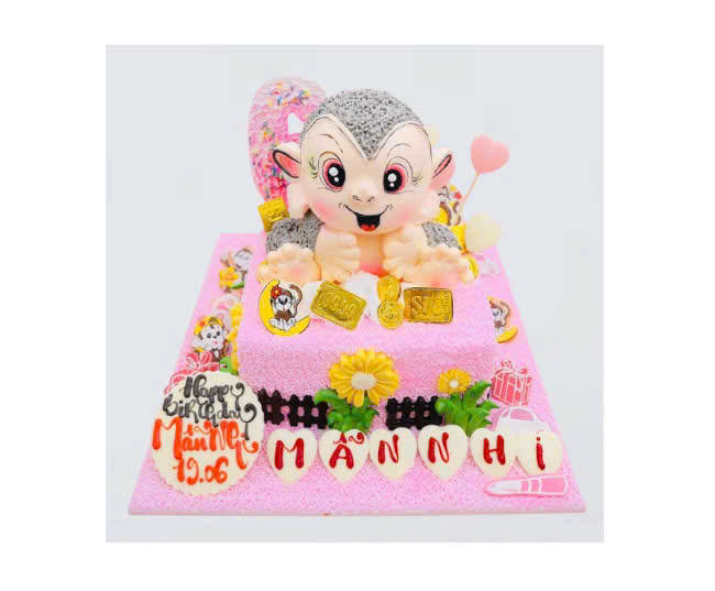Bánh kem con Khỉ hồng tặng bé gái đáng yêu