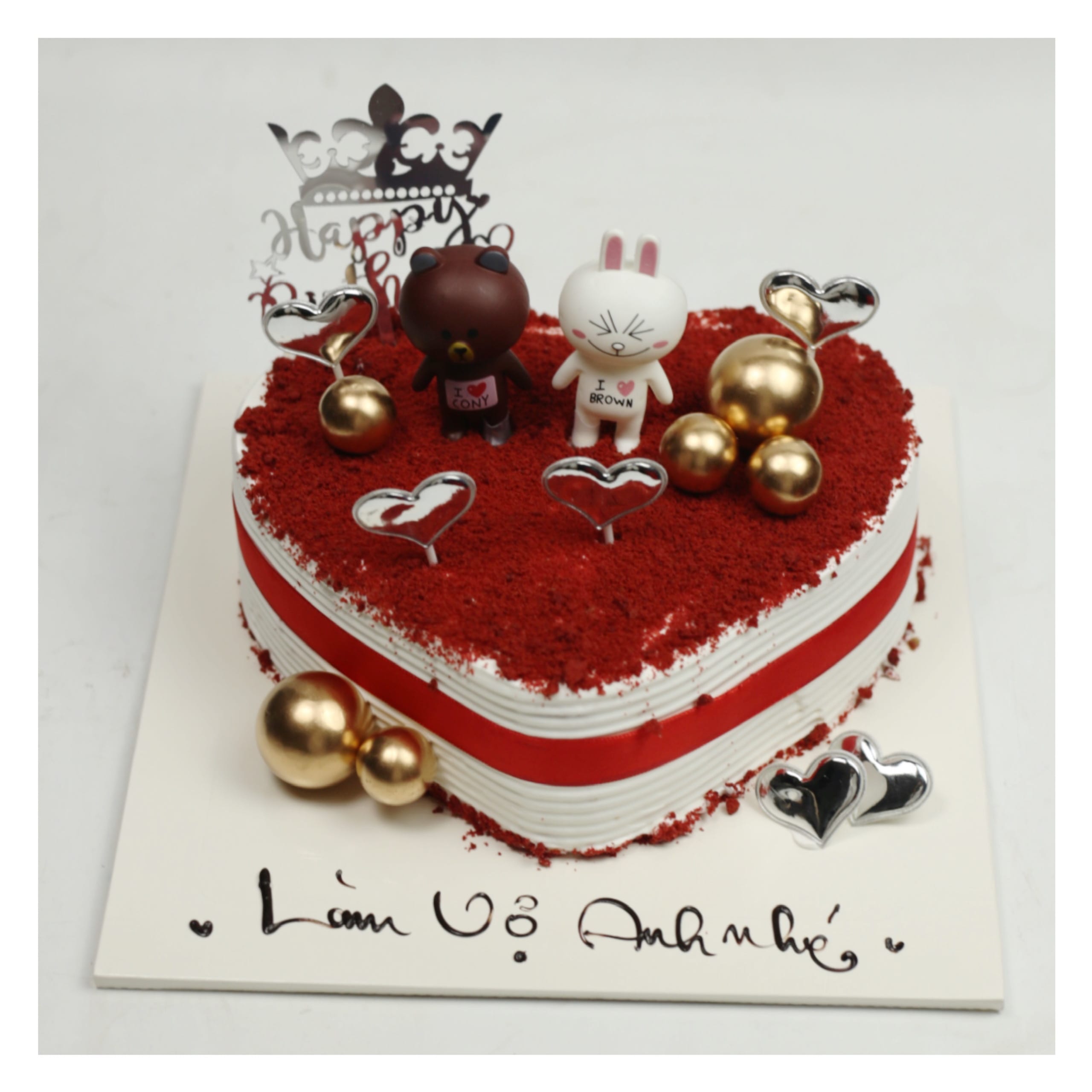 Bánh kem trái tim Red Velvet cặp đôi gấu Brown Cony