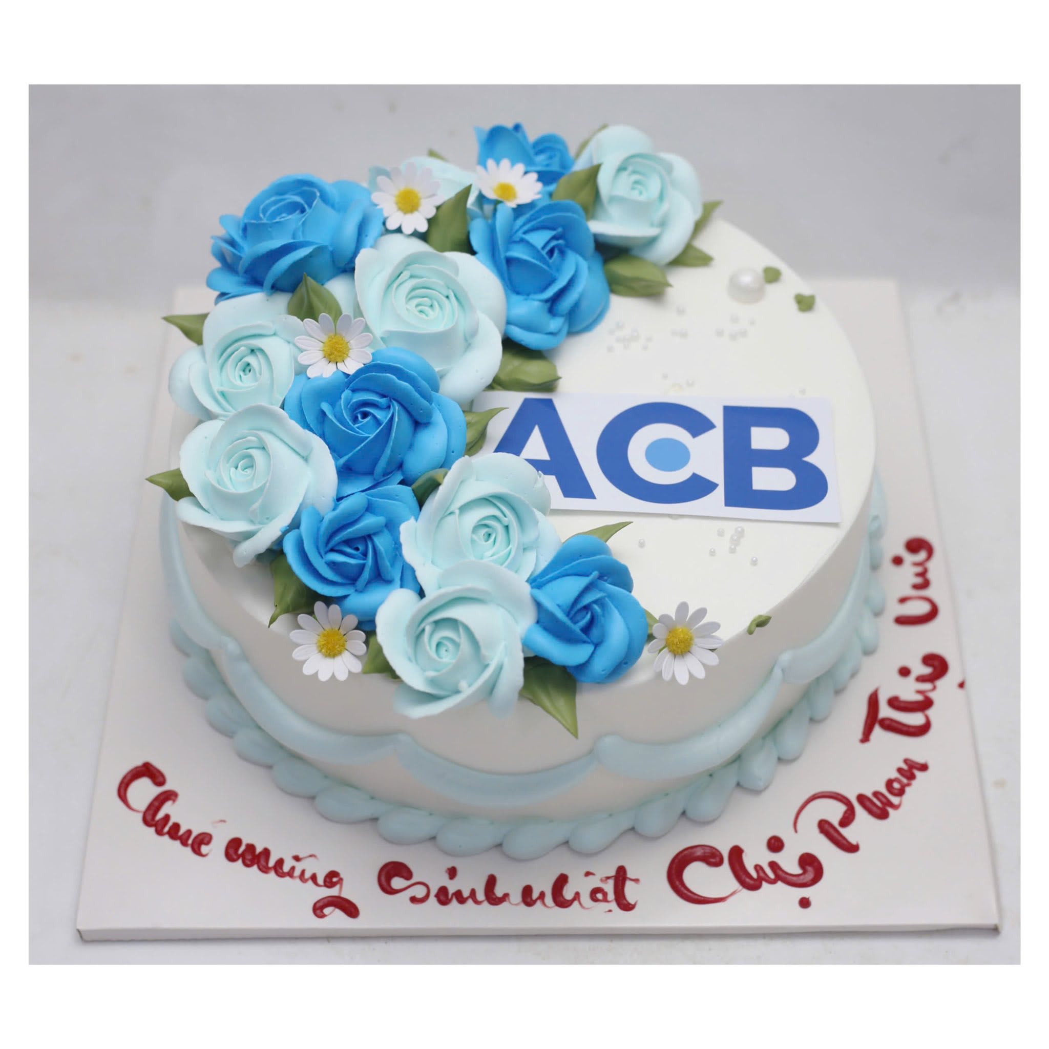 Bánh kem hoa hồng xanh logo ngân hàng ACB