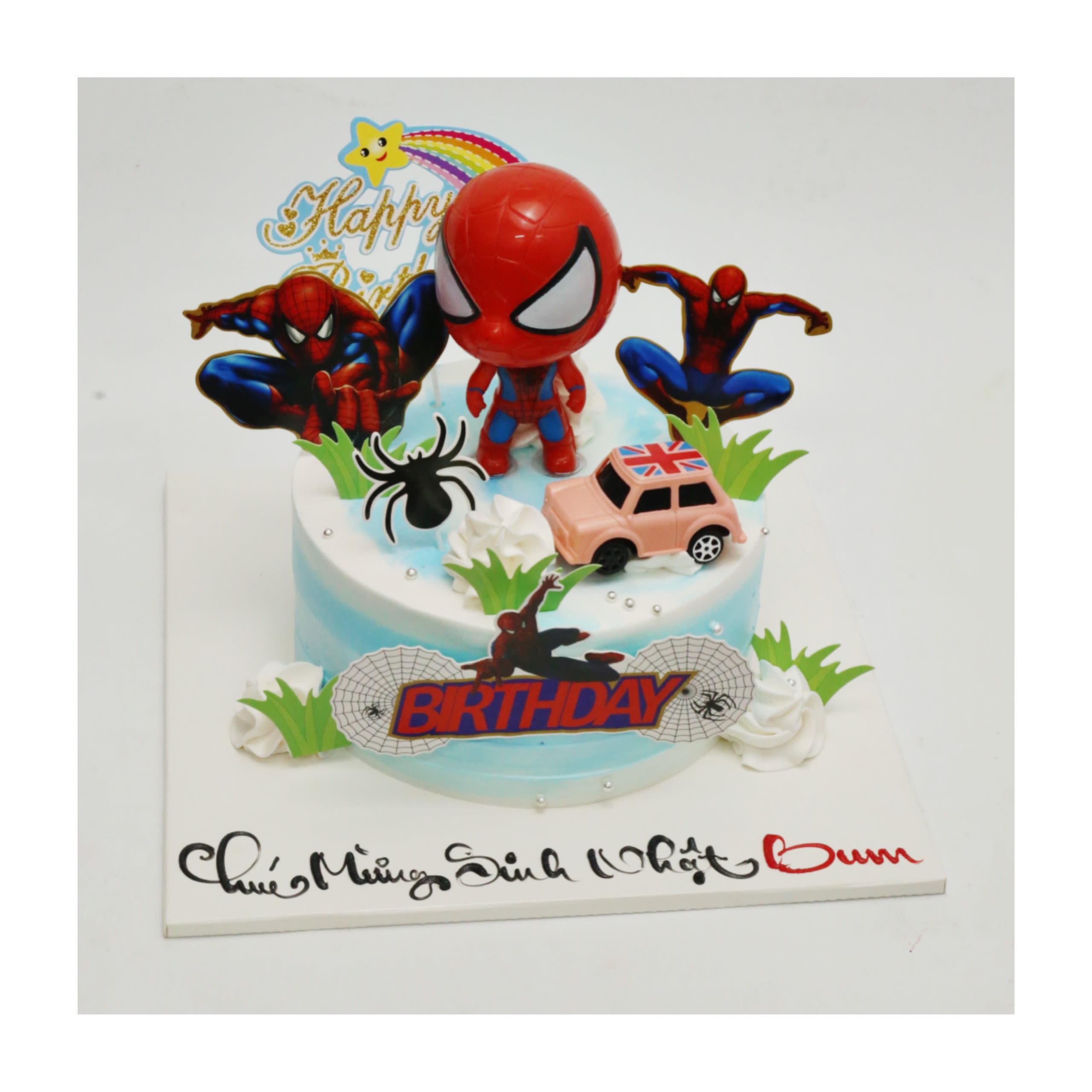 Bánh kem xanh dương chủ đề siêu anh hùng Spider-Man