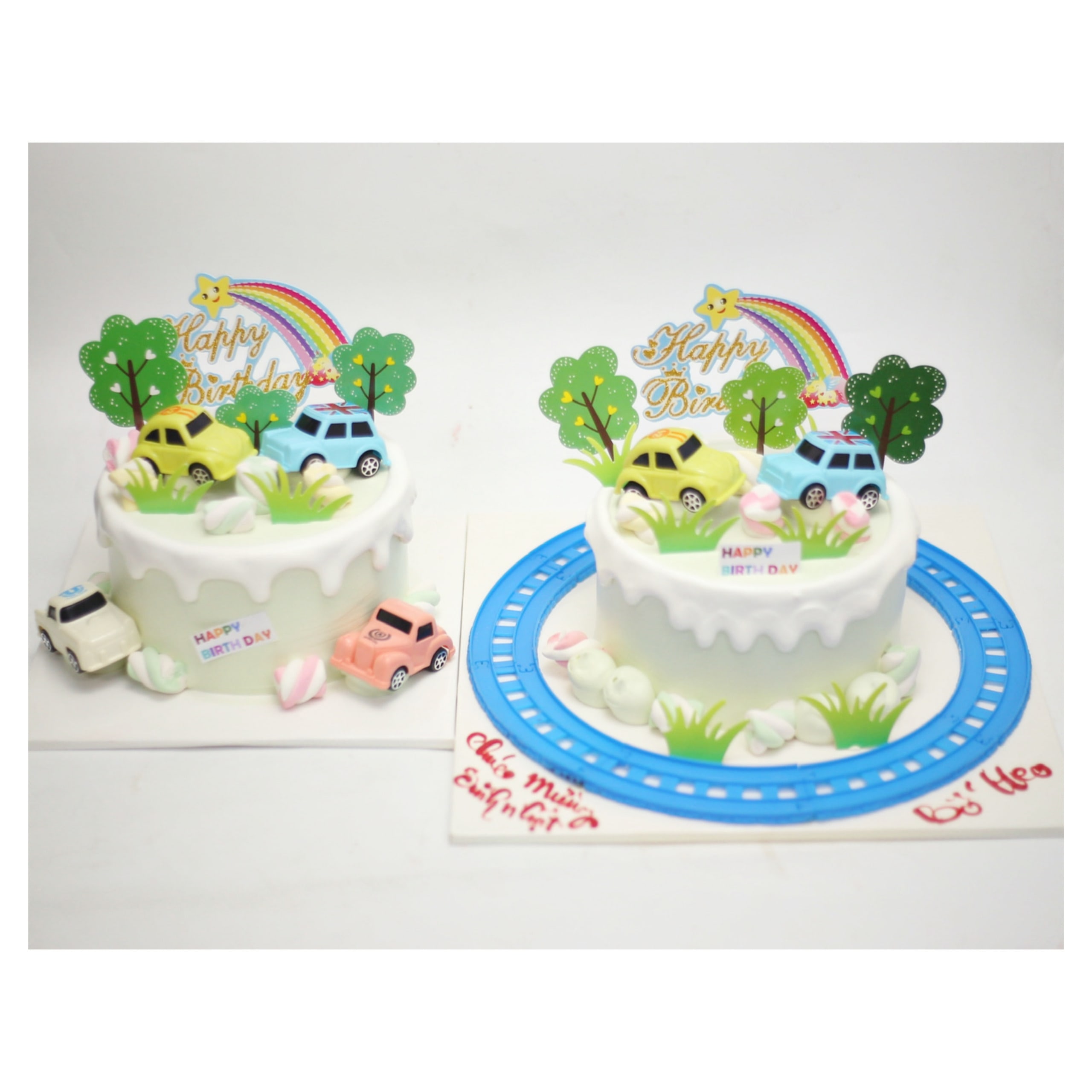 Bánh kem xe hơi mini và đường ray xanh