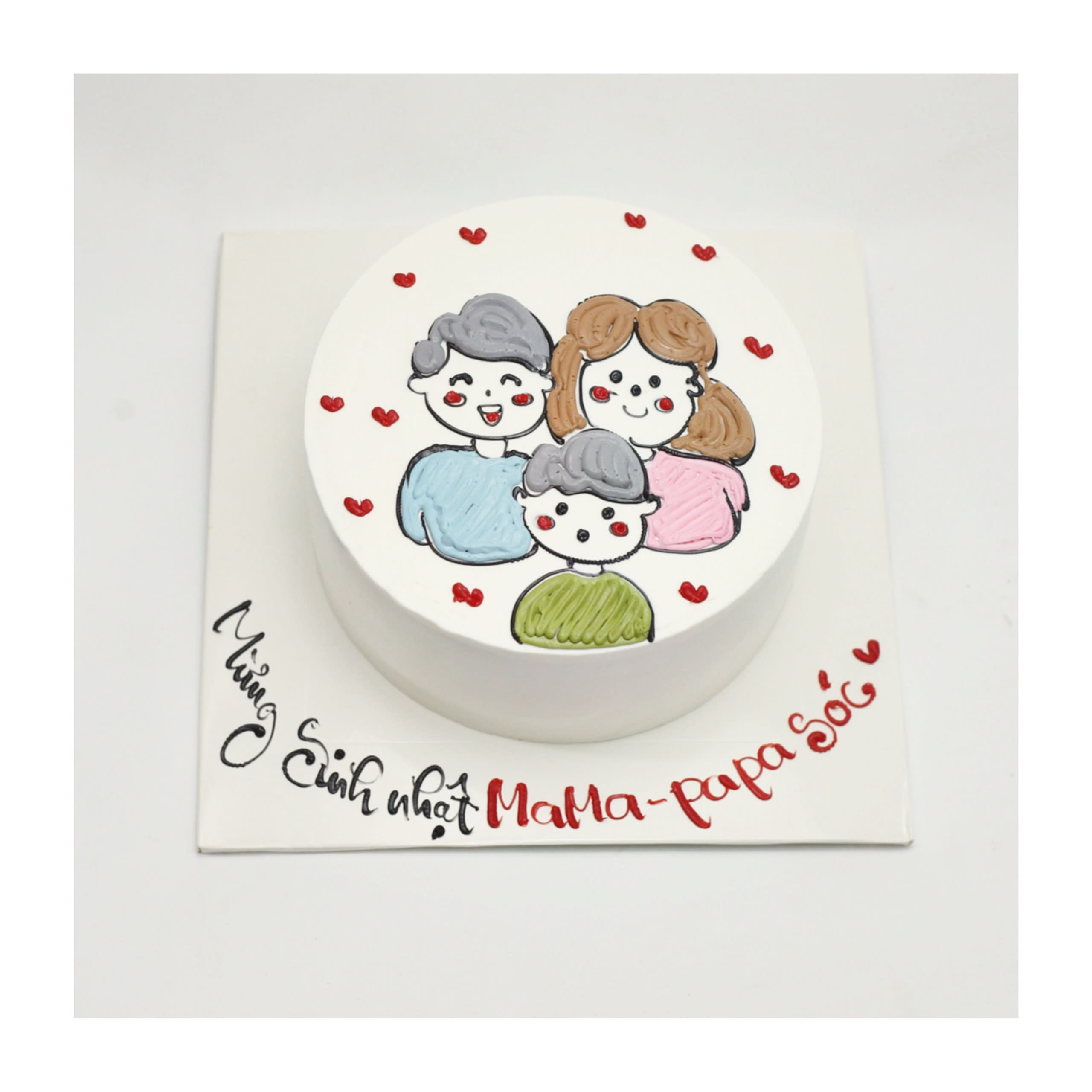 Bánh kem vẽ hình gia đình ba người hạnh phúc