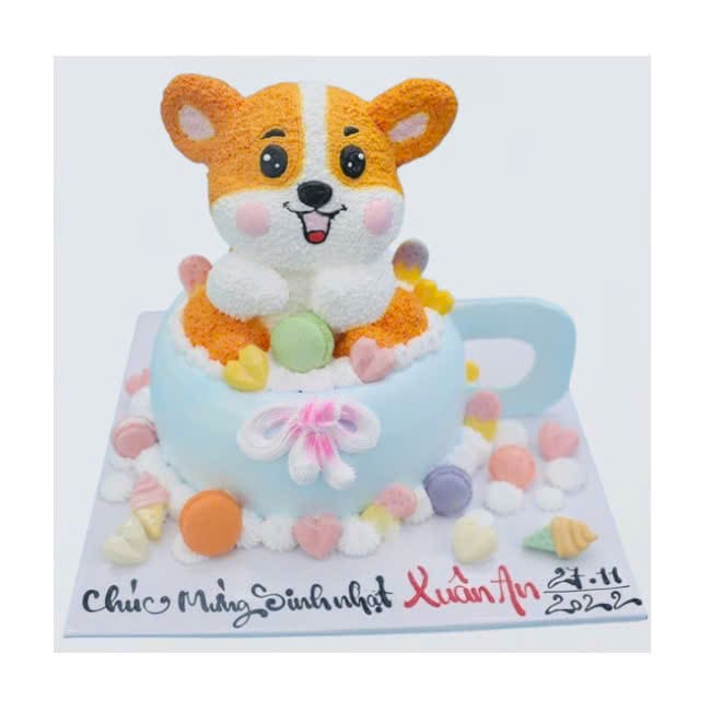 Bánh kem tạo hình chú chó corgi trong cốc