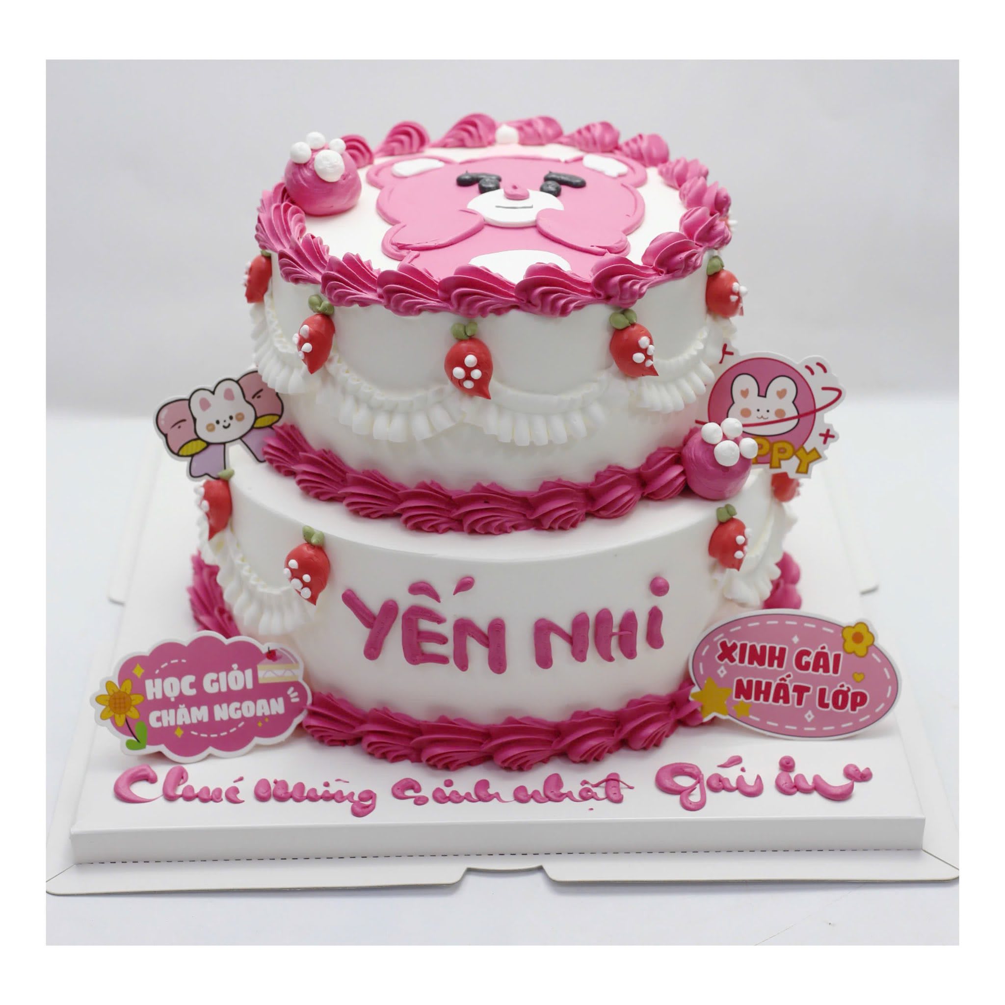 Bánh kem hai tầng gấu hồng đáng yêu