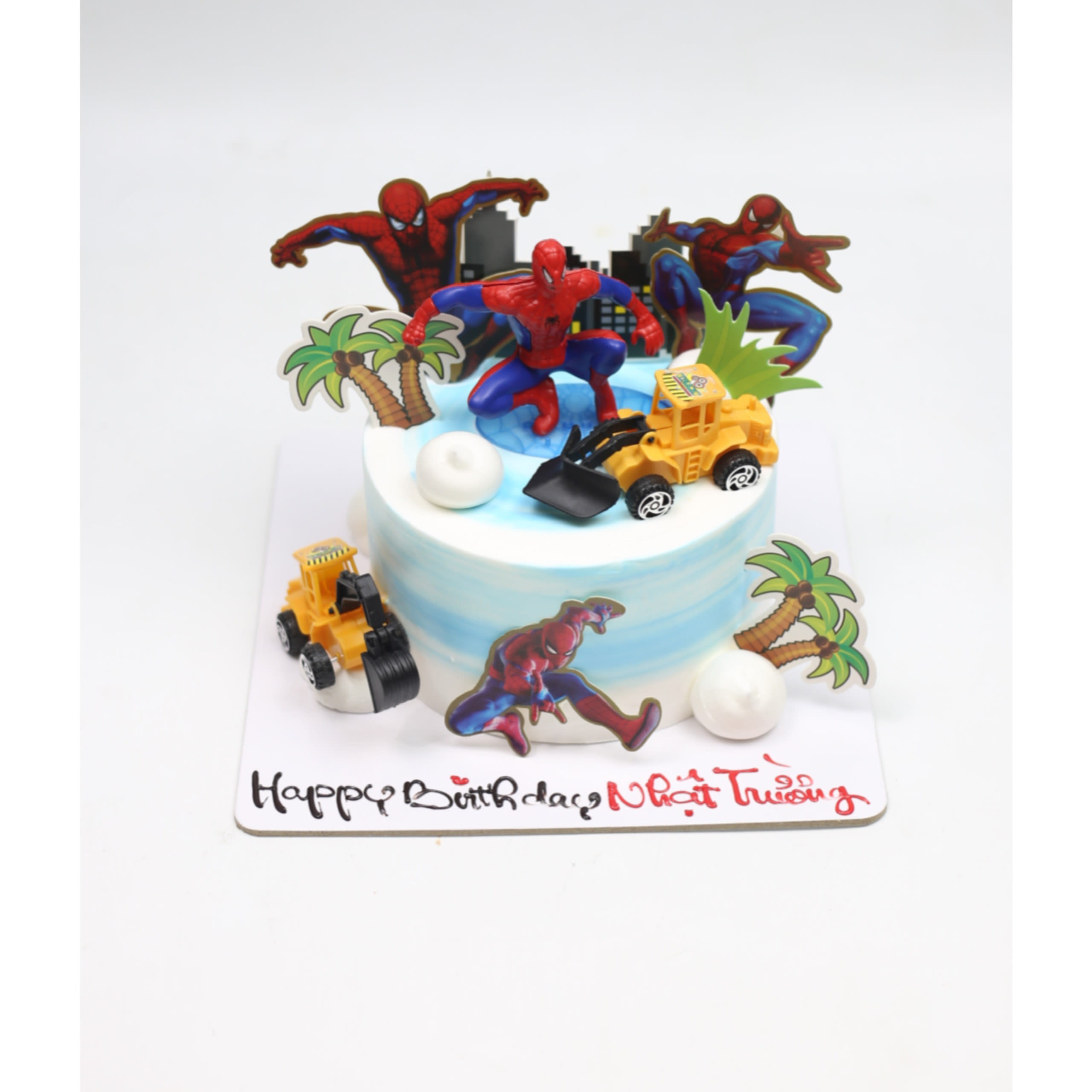 Bánh kem Spider-Man xanh dương cùng xe máy xúc