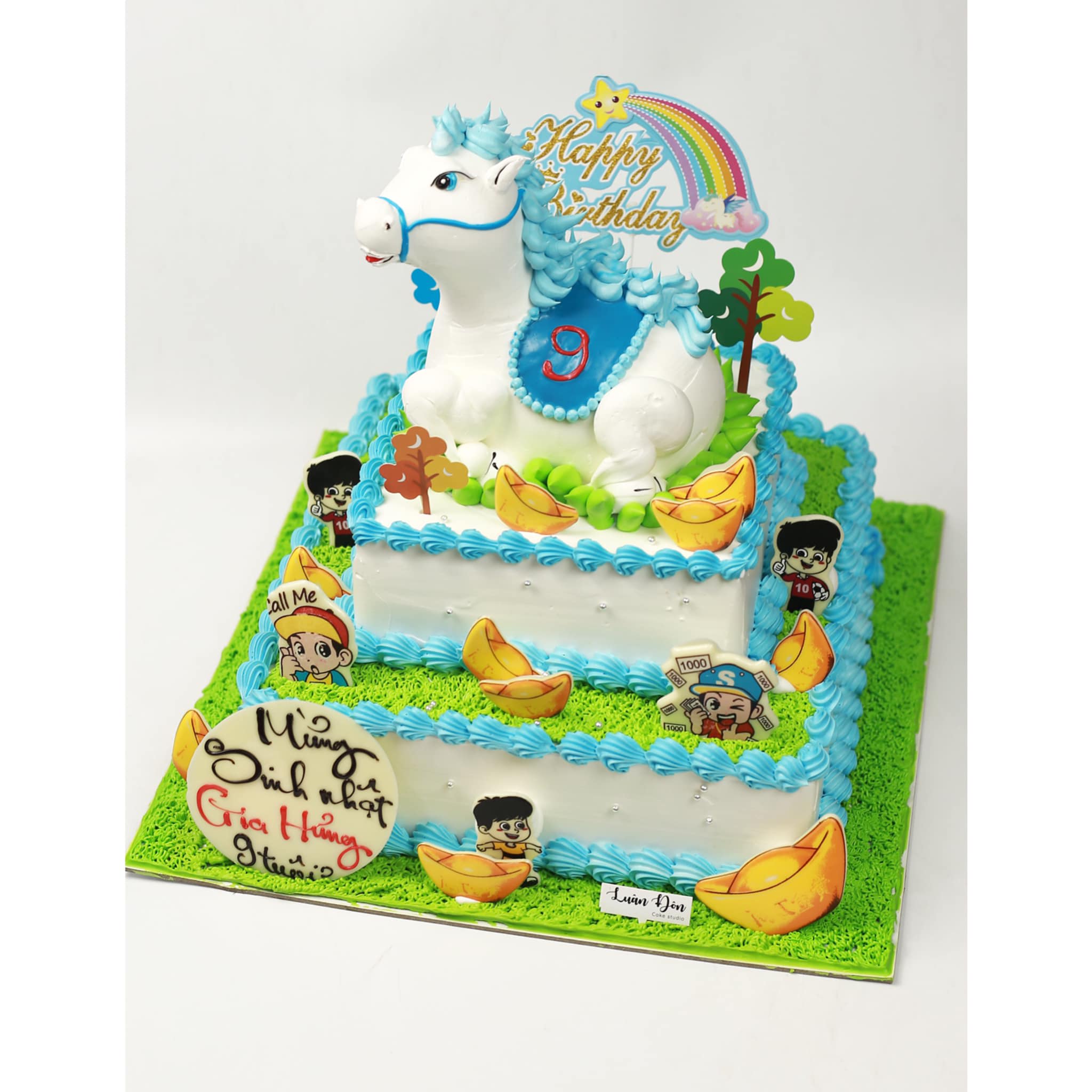 Bánh hai tầng ngựa Pony xanh trắng