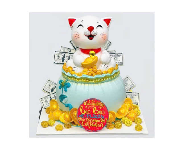 Bánh kem mèo thần tài ôm hũ vàng tài lộc