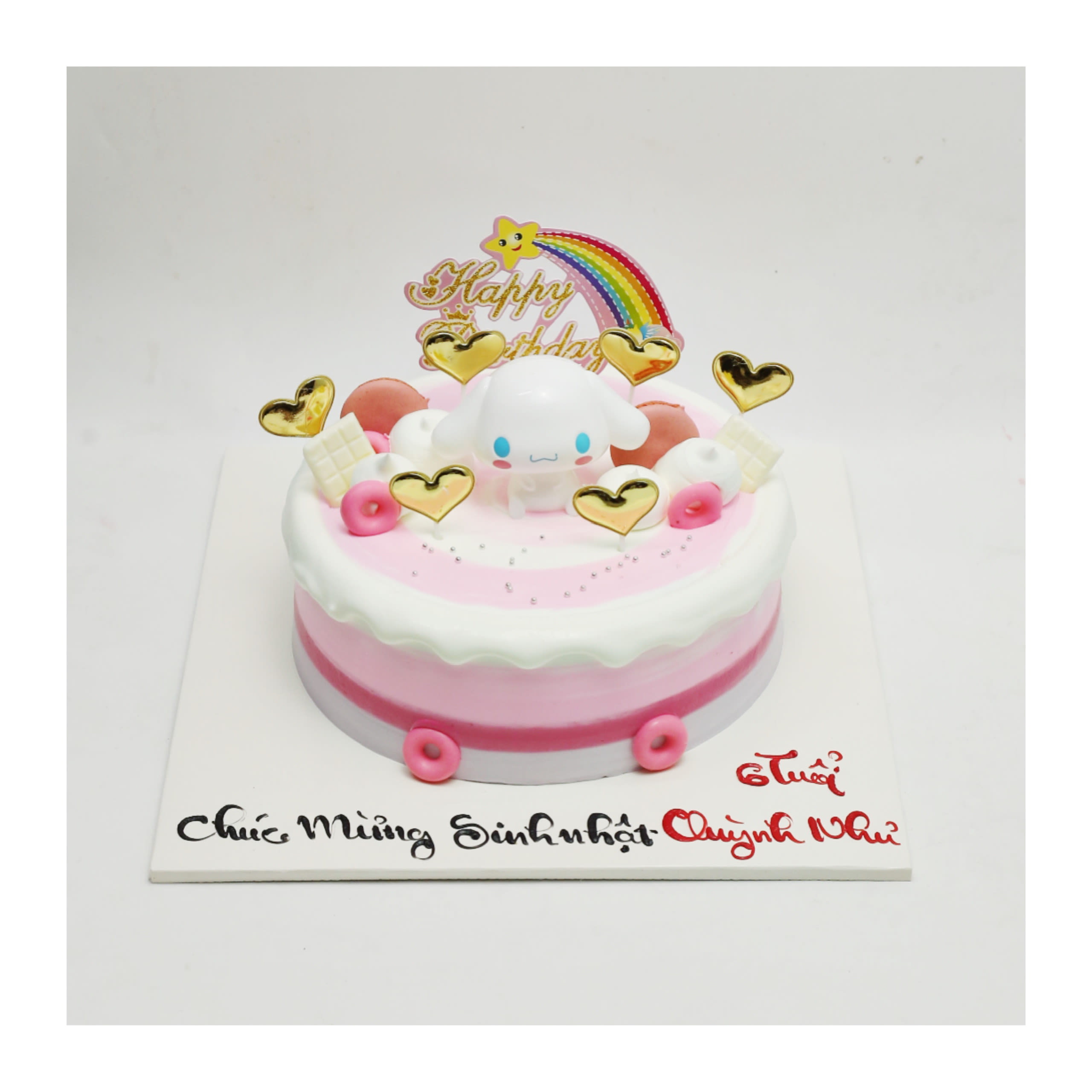 Bánh kem hồng trang trí Cinnamoroll và cầu vồng