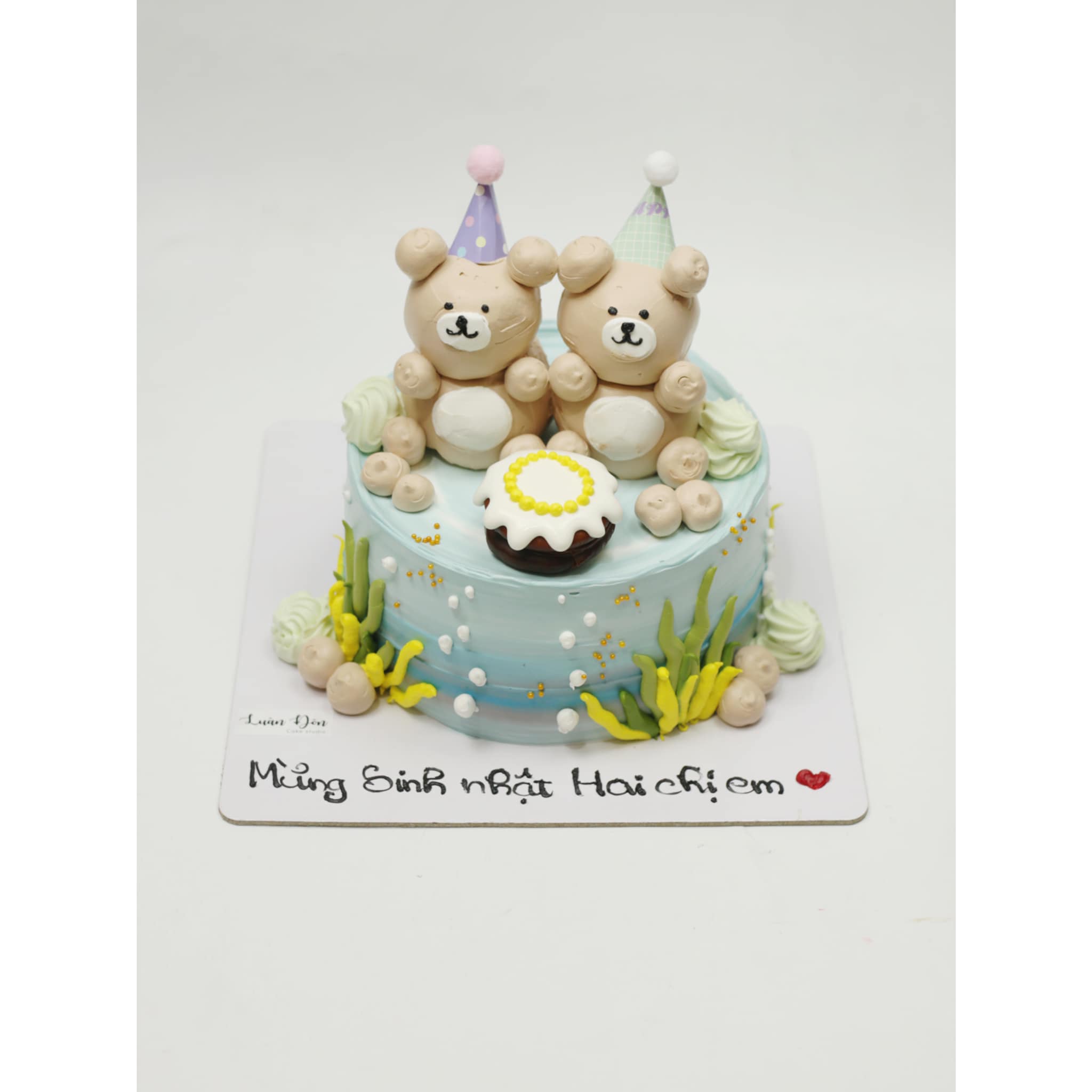 Bánh kem gấu Teddy xanh pastel sinh đôi
