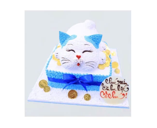 Bánh kem mèo thần tài trắng trên nền xanh