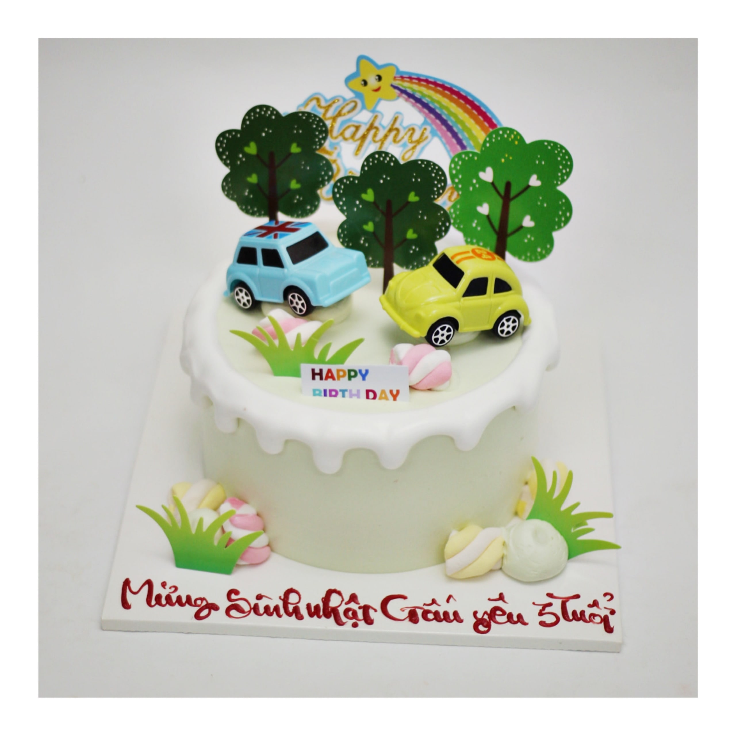 Bánh kem xe hơi dạo chơi màu xanh vàng