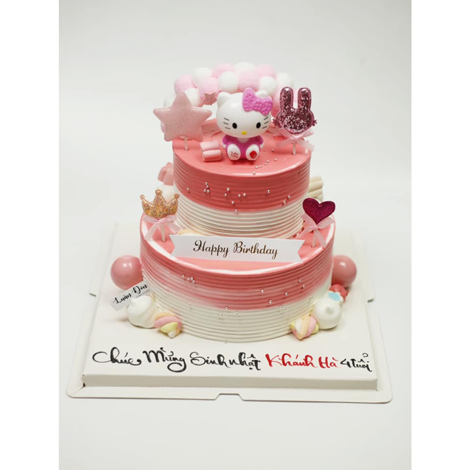 Bánh kem hai tầng Hello Kitty hồng trắng