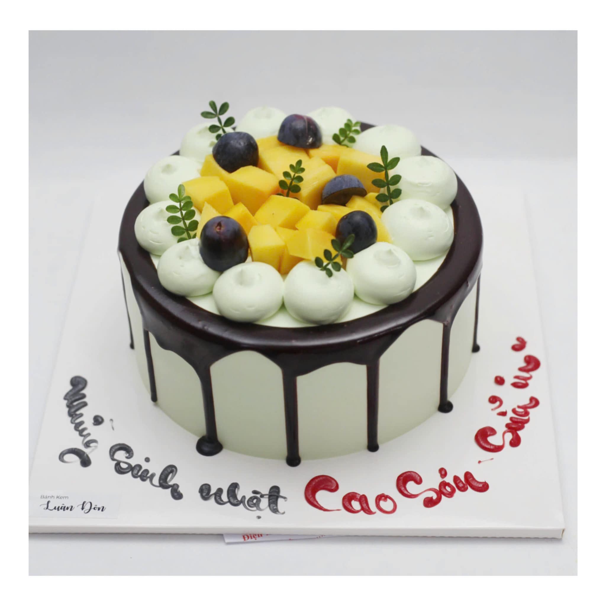 Bánh kem phủ socola chảy trang trí xoài